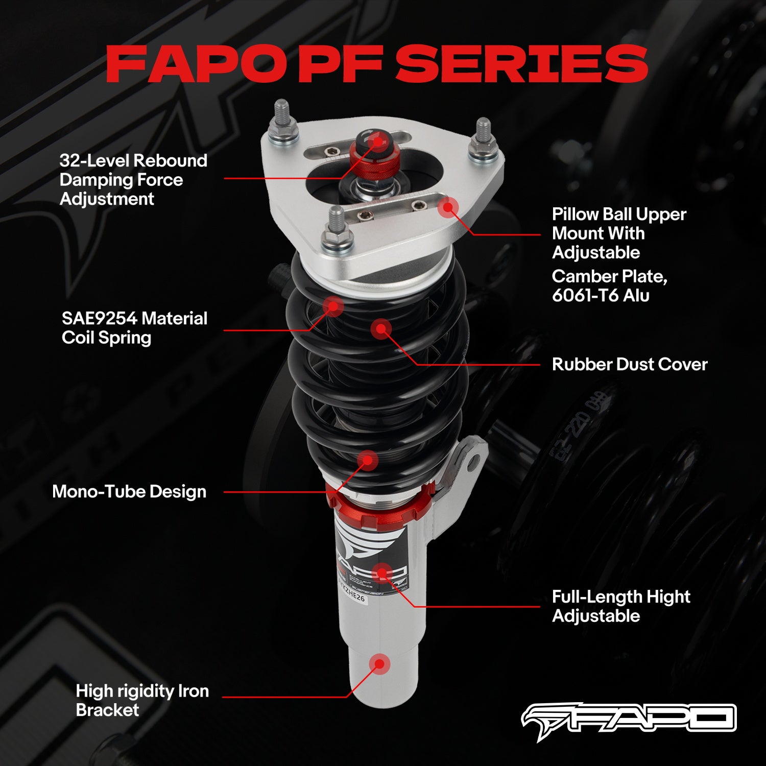 FAPO 32-Level Adjustable Coilovers for Volkswagen Golf 8th Gen MK8/MQB 2020+ & Golf GTI MK7/A7/MQB 2012-2020 PF004830